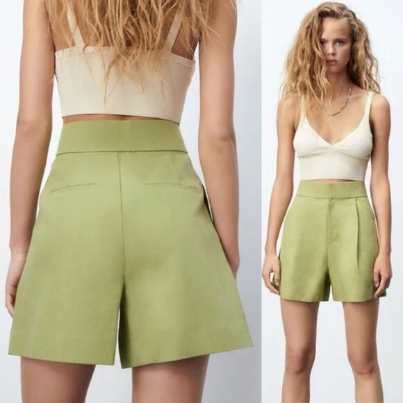 Zara - Linen Blend Pleated Shorts 3067/219/511 | Size Small | Pistachio Green - Picture 3 of 16